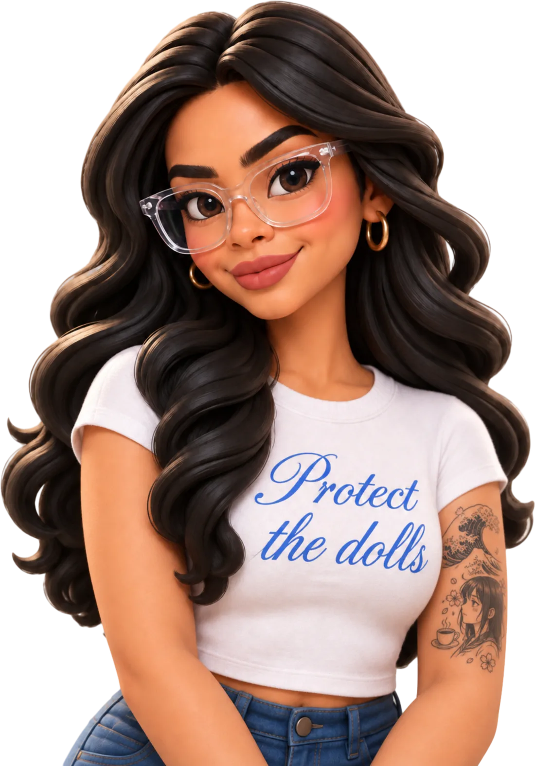A 3D cartoon of Emcy with long dark wavy hair and clear glasses, wearing a white tee that says Protect the dolls