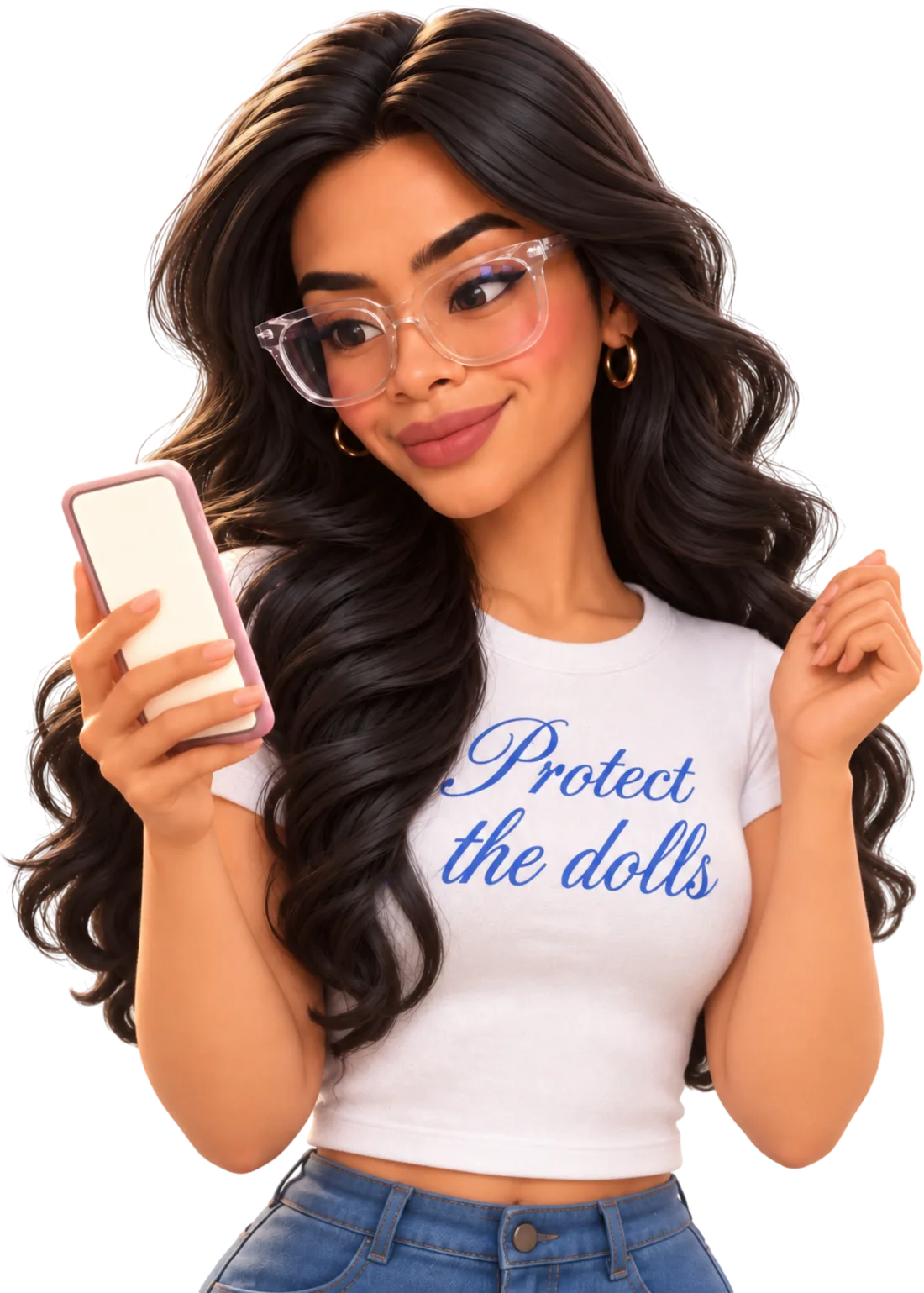 A 3D cartoon of Emcy smiling at her phone